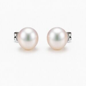 8.5mm Real Freshwater Pearl Stud Earrings 925 Silver + 18K White Gold Luxury